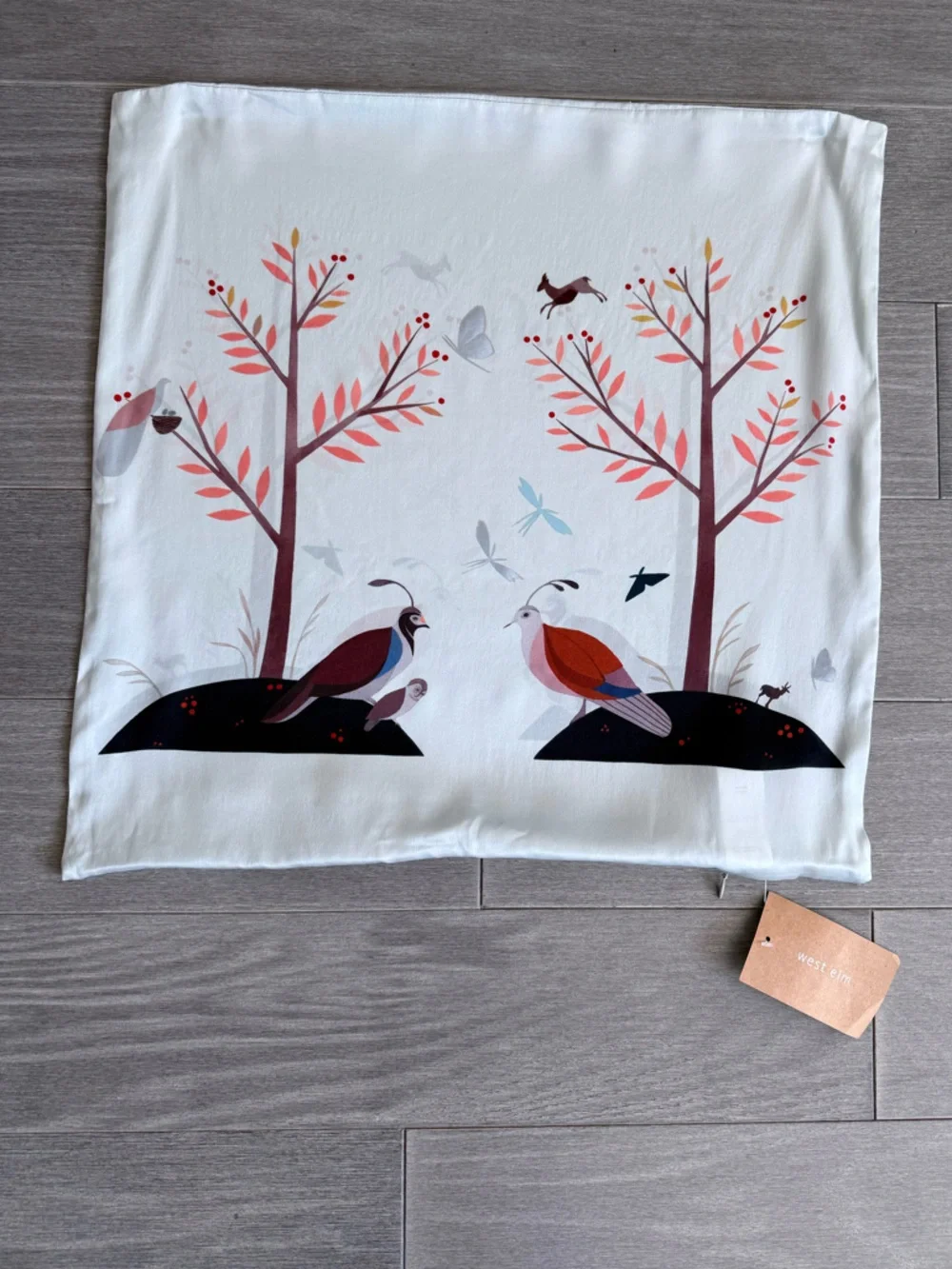 West Elm Silk Pillow Cover 20x20 Nature Print Bird Tree Minimalist Boho Decor